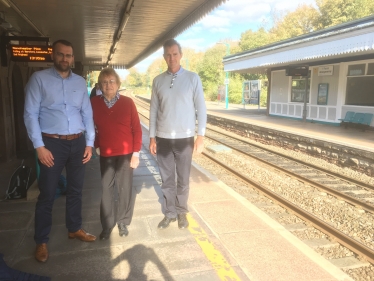 Monmouth MP David Davies with County Cllr Maureen Powell and a Network Rail official.